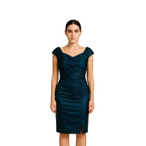 Tadashi Shoji Ruched Sheath Dress Teal Blue Sheen Asymmetrical Cap Sleeve 14
